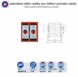 Měřící drátky, měření průměrů zívitů: Jednotlivě, Průměr drátků 2,05mm