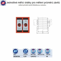 Měřící drátky, měření průměrů zívitů: Jednotlivě, Průměr drátků 0,29mm