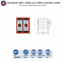 Měřící drátky, měření průměrů zívitů: Jednotlivě, Průměr drátků 0,62mm