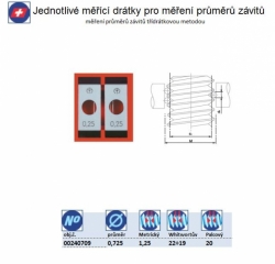 Měřící drátky, měření průměrů zívitů: Jednotlivě, Průměr drátků 0,725mm