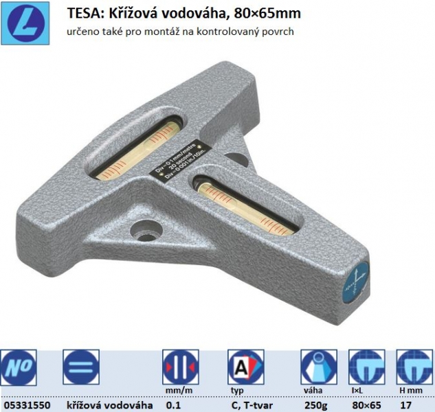 TESA: Křížové vodováhy, provedení/dílek T-tvar,80×65/0.1mm