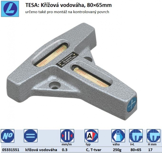 TESA: Křížové vodováhy, provedení/dílek T-tvar,80×65/0.3mm
